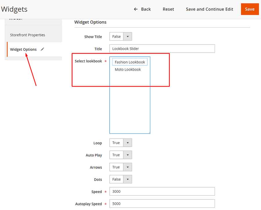 Magento 2 lookbook widget slider option