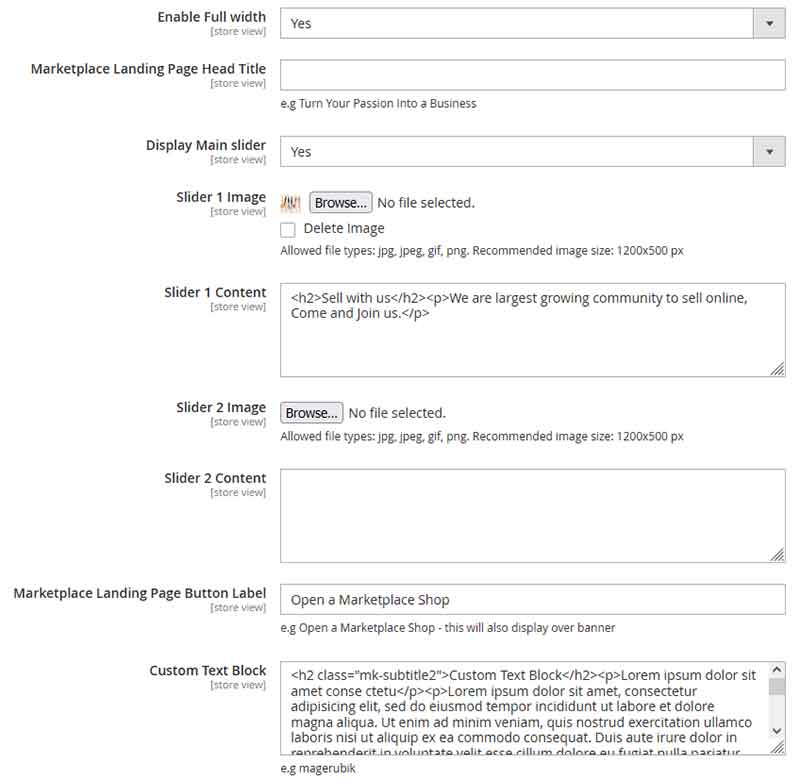 Magento 2 Multi Vendor Marketplace landing page settings